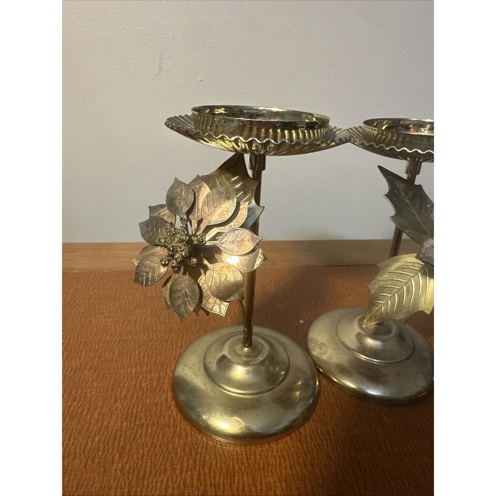 Set Of 2 Vintage Brass‎ Floral Leaf Candle Stick Holders 5